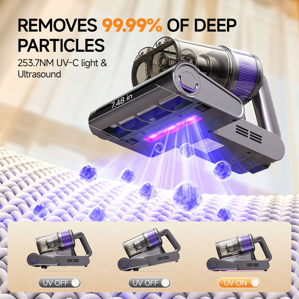 FEPPO Mattress Vacuum Cleaner, 16KPa Bed Vacuum Handheld with UV-C Light, 40,000 BPM High-Frequency Tapping, 140°F Hot Air, HEPA Filter for Mattress Sofa Crib (Black)