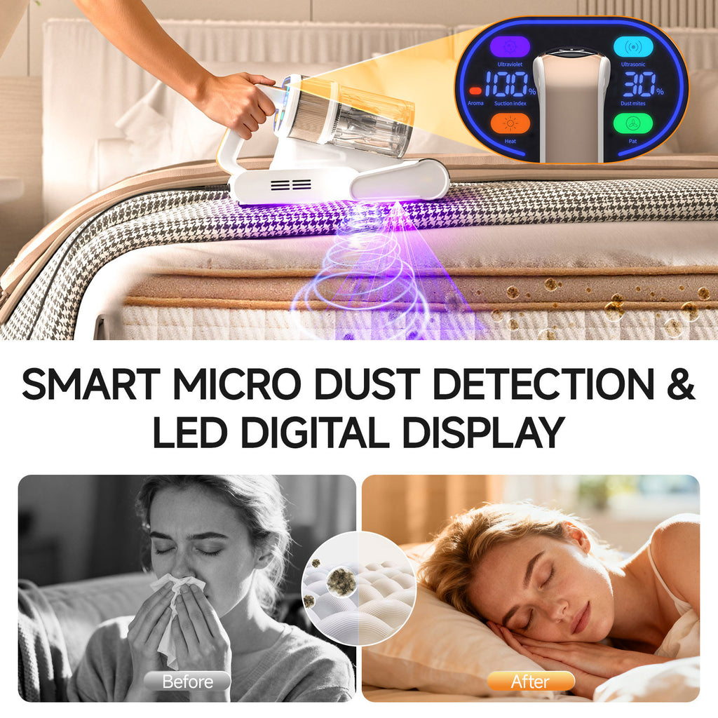 FEPPO Mattress Vacuum Cleaner, 16KPa Bed Vacuum Handheld with UV-C Light, 40,000 BPM High-Frequency Tapping, 140°F Hot Air, HEPA Filter for Mattress Sofa Crib (White)