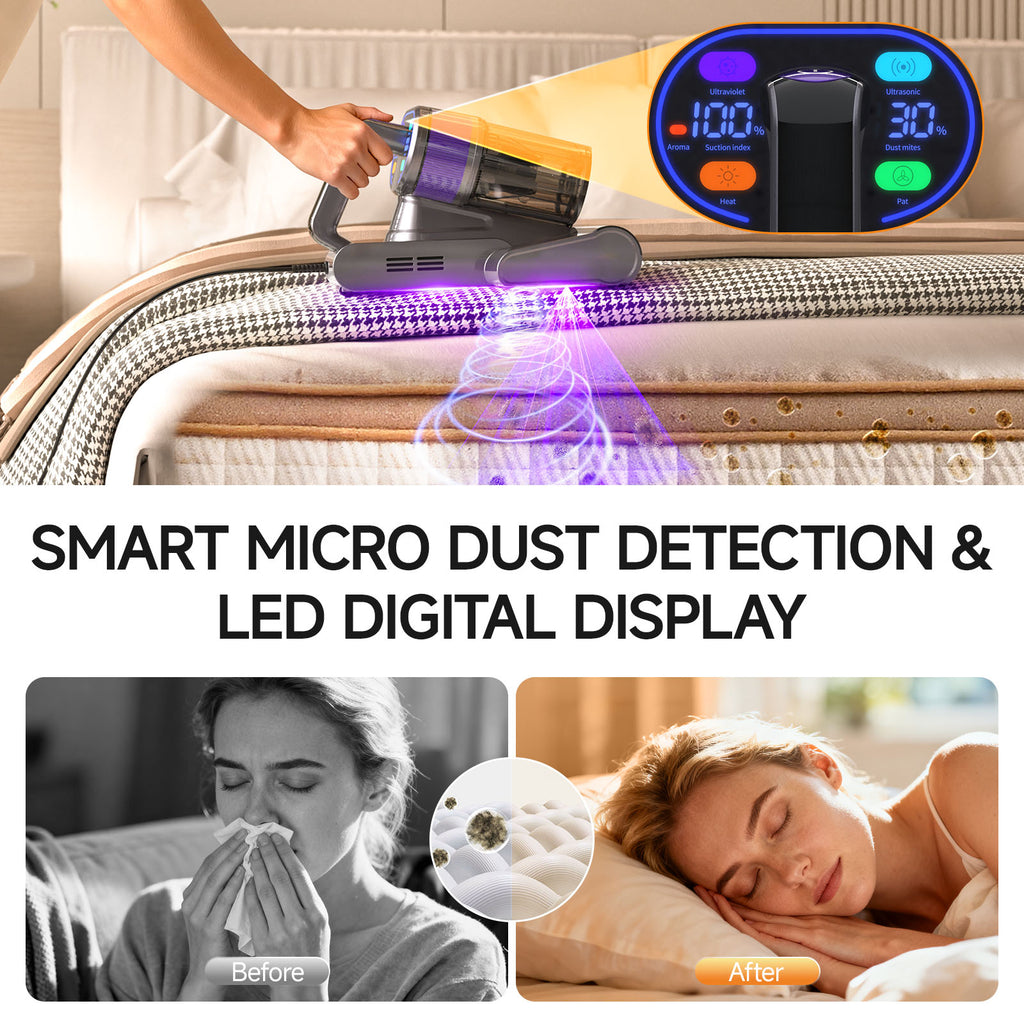 FEPPO Mattress Vacuum Cleaner, 16KPa Bed Vacuum Handheld with UV-C Light, 40,000 BPM High-Frequency Tapping, 140°F Hot Air, HEPA Filter for Mattress Sofa Crib (Black)