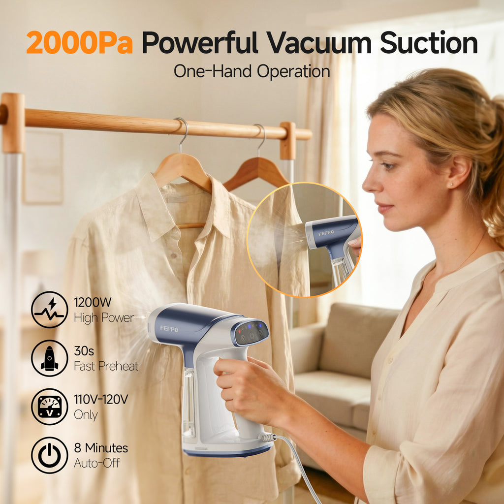 FEPPO 2-in-1 Vacuum Garment Steamer, Handheld Steam & Iron with LED Display, Adjustable Suction & Steam, One-Hand Use (110–120V)