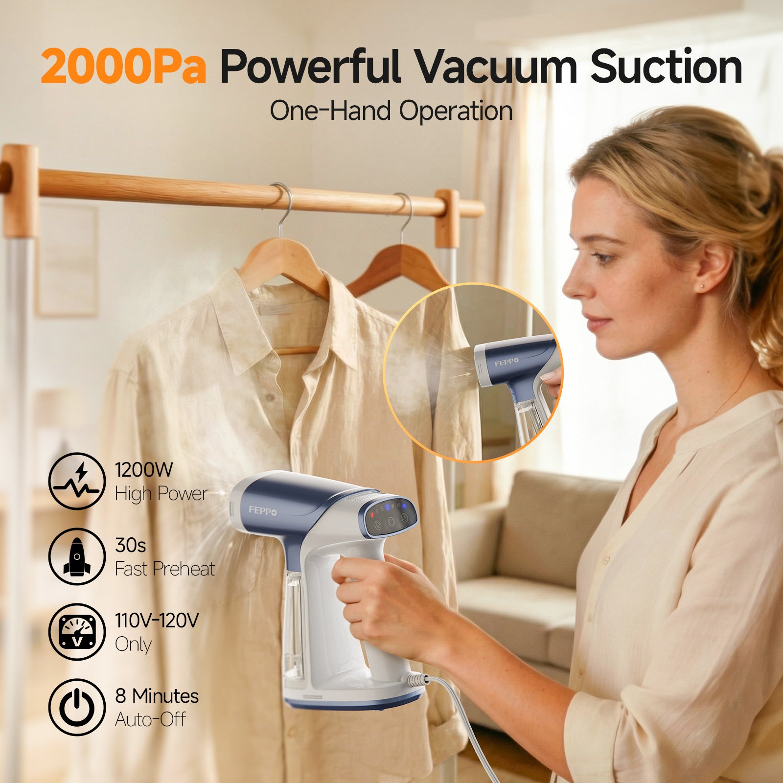 FEPPO 2-in-1 Vacuum Garment Steamer, Handheld Steam & Iron with LED Display, Adjustable Suction & Steam, One-Hand Use (110–120V)
