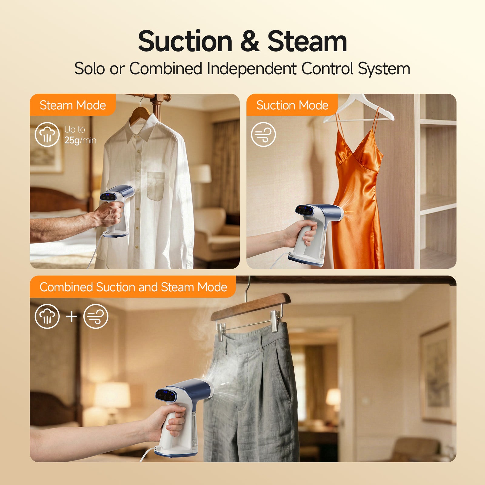 FEPPO 2-in-1 Vacuum Garment Steamer, Handheld Steam & Iron with LED Display, Adjustable Suction & Steam, One-Hand Use (110–120V)