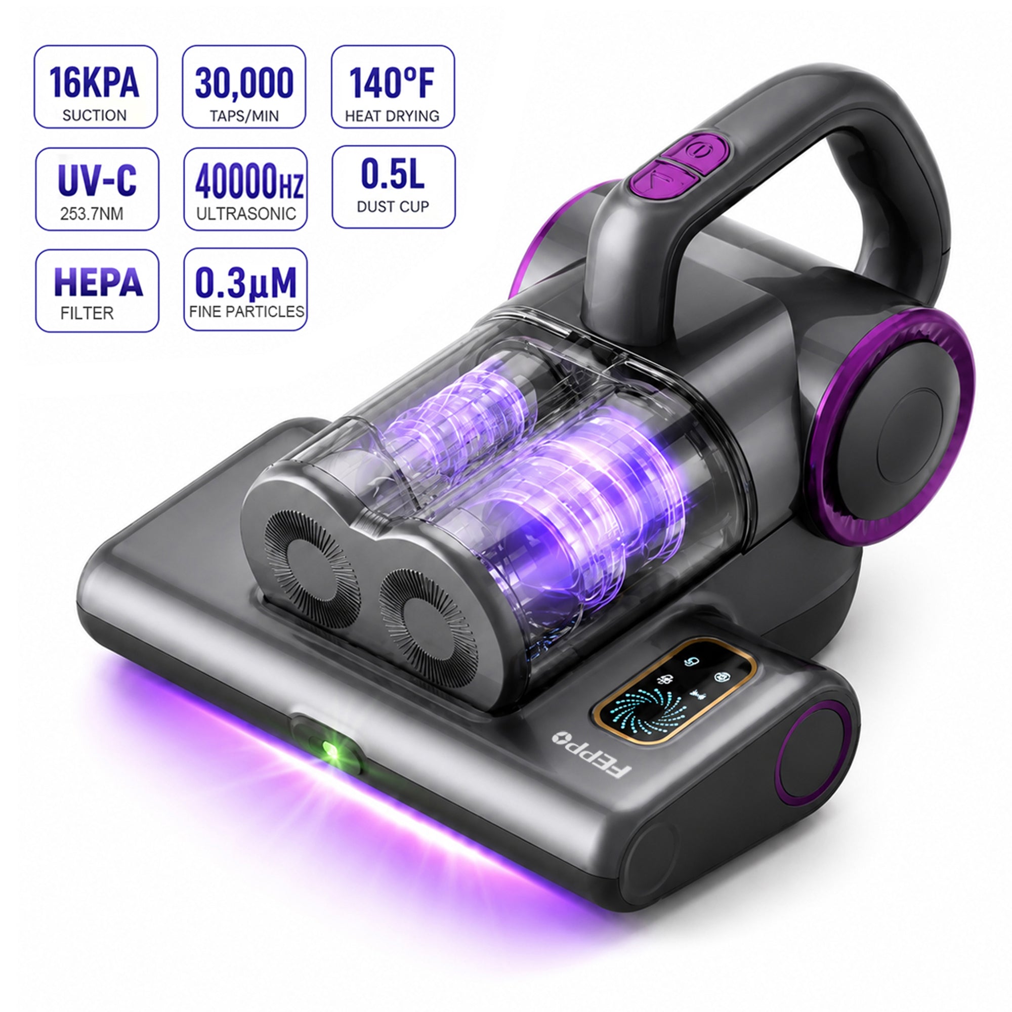 FEPPO Mattress Vacuum Cleaner, 16Kpa Corded Bed Vacuum Cleaner with 253.7nm UV-C Light, 140°F Heat, HEPA Filter & Ultrasonic, 500W Powerful Handheld Vacuums for Bed, Sofa, Couch, Crib (Black)