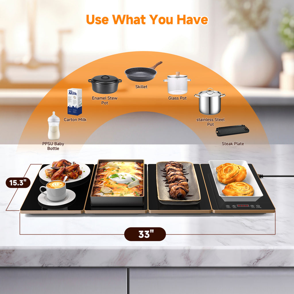 FEPPO Electric Food Warming Tray, 4-in-1 Modular Buffet Food Warmer with 10 Temp Settings & 6-Hour Timer, 33"x15" Glass Surface, Expandable Hot Plates for Parties & Catering (Black)
