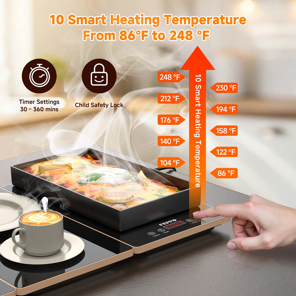 FEPPO Electric Food Warming Tray, 4-in-1 Modular Buffet Food Warmer with 10 Temp Settings & 6-Hour Timer, 33"x15" Glass Surface, Expandable Hot Plates for Parties & Catering (Black)
