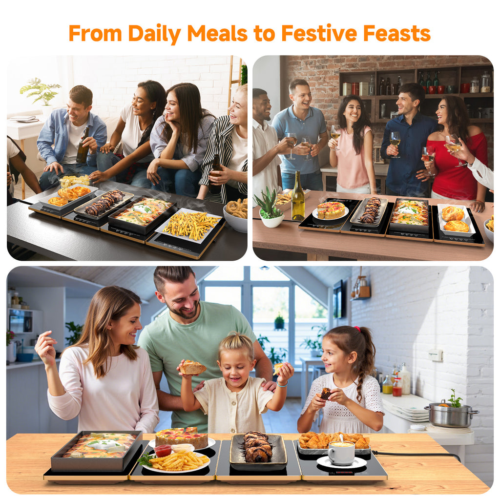 FEPPO Electric Food Warming Tray, 4-in-1 Modular Buffet Food Warmer with 10 Temp Settings & 6-Hour Timer, 33"x15" Glass Surface, Expandable Hot Plates for Parties & Catering (Black)