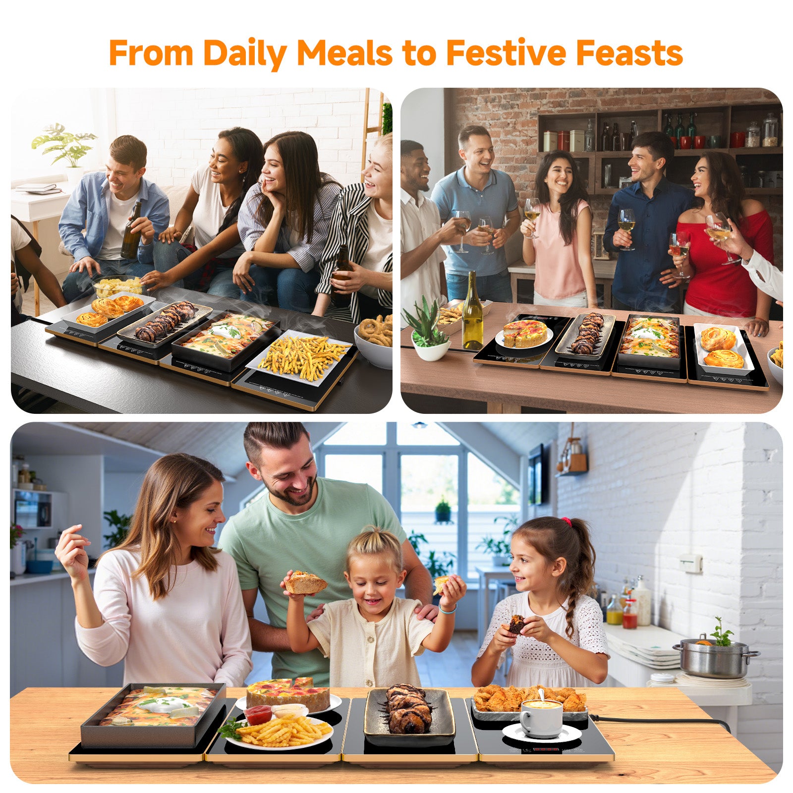 FEPPO Electric Food Warming Tray, 4-in-1 Modular Buffet Food Warmer with 10 Temp Settings & 6-Hour Timer, 33"x15" Glass Surface, Expandable Hot Plates for Parties & Catering (Black)