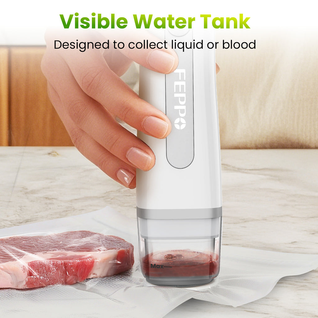FEPPO Handheld Vacuum Sealer, Compact Vacuum Sealer for food with Visible Water Tank, 30 Reusable Bags Included, 6X Longer Freshness (White)